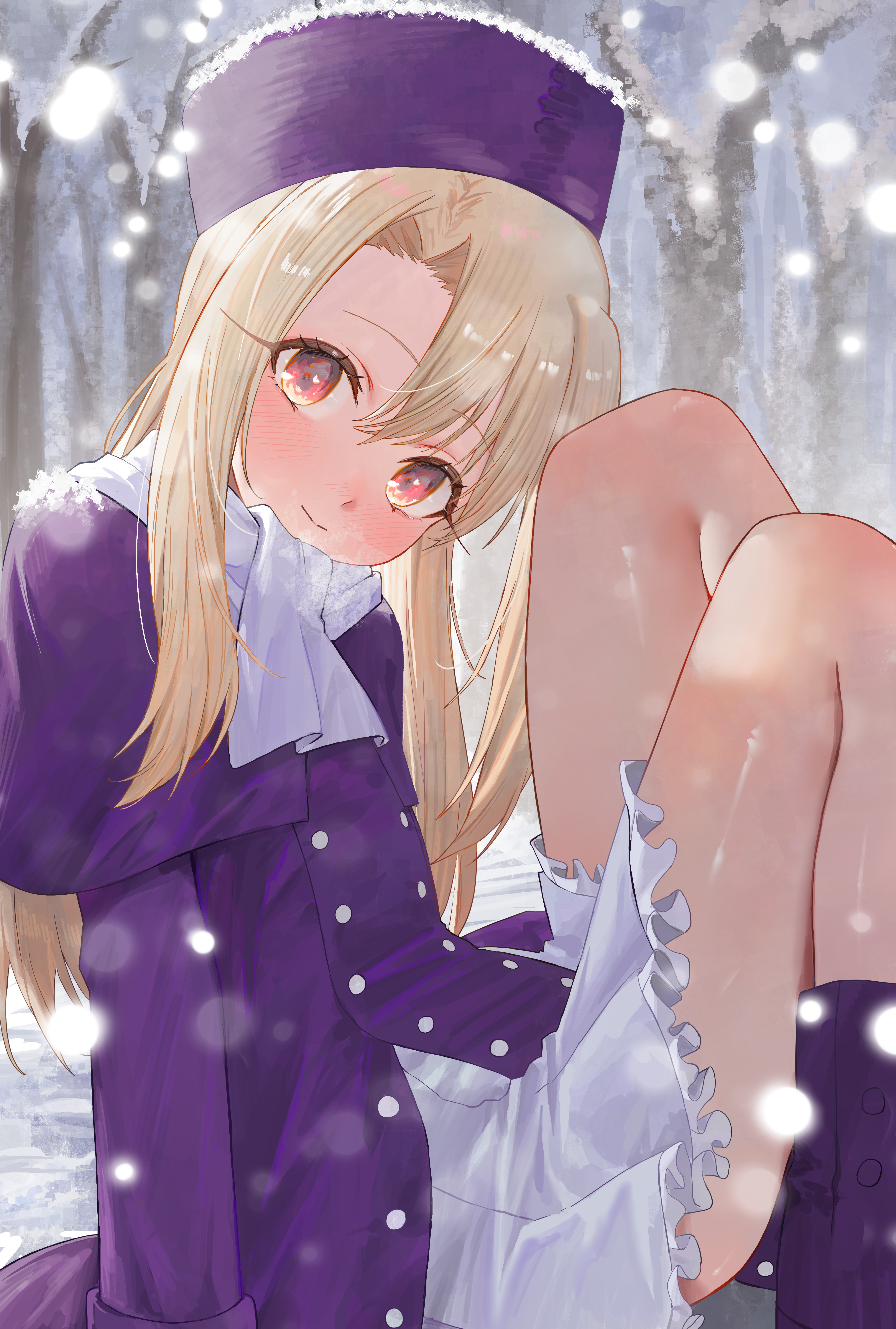 kaze 22, illyasviel von einzbern, fate (series), absurdres, commentary request, highres, korean commentary, 1girl, closed mouth, fur hat, hat, jacket, long hair, long sleeves, looking at viewer, papakha, purple jacket, red eyes, scarf, sitting, smile, solo