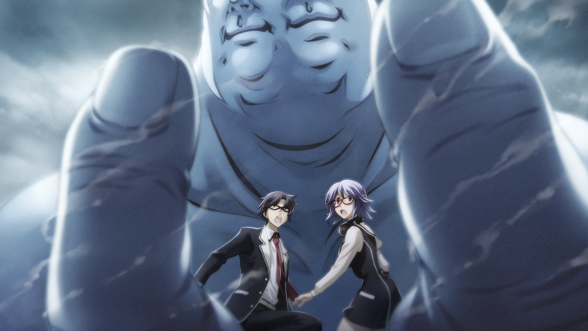 sasaki mutsumi, kazuki hana, miyashiro takuru, chaos;child, science adventure, game cg, highres, non-web source, official art, 1girl, 2boys, belt, black hair, black jacket, black pants, blazer, blue hair, breasts, cloud, day, dress shirt, dress vest, fat, fat man, floating neckwear, giant, glasses, hekiho academy school uniform, jacket, large breasts, miniskirt, multiple boys, necktie, no jacket, opaque glasses, open mouth, outdoors, pants, pulling another's clothes, purple eyes, red-framed eyewear, red necktie, sailor collar, sailor shirt, school uniform, shirt, skirt, sky, sumo, sumo sticker (chaos;child), surprised, tongue, white belt, white sailor collar, white shirt
