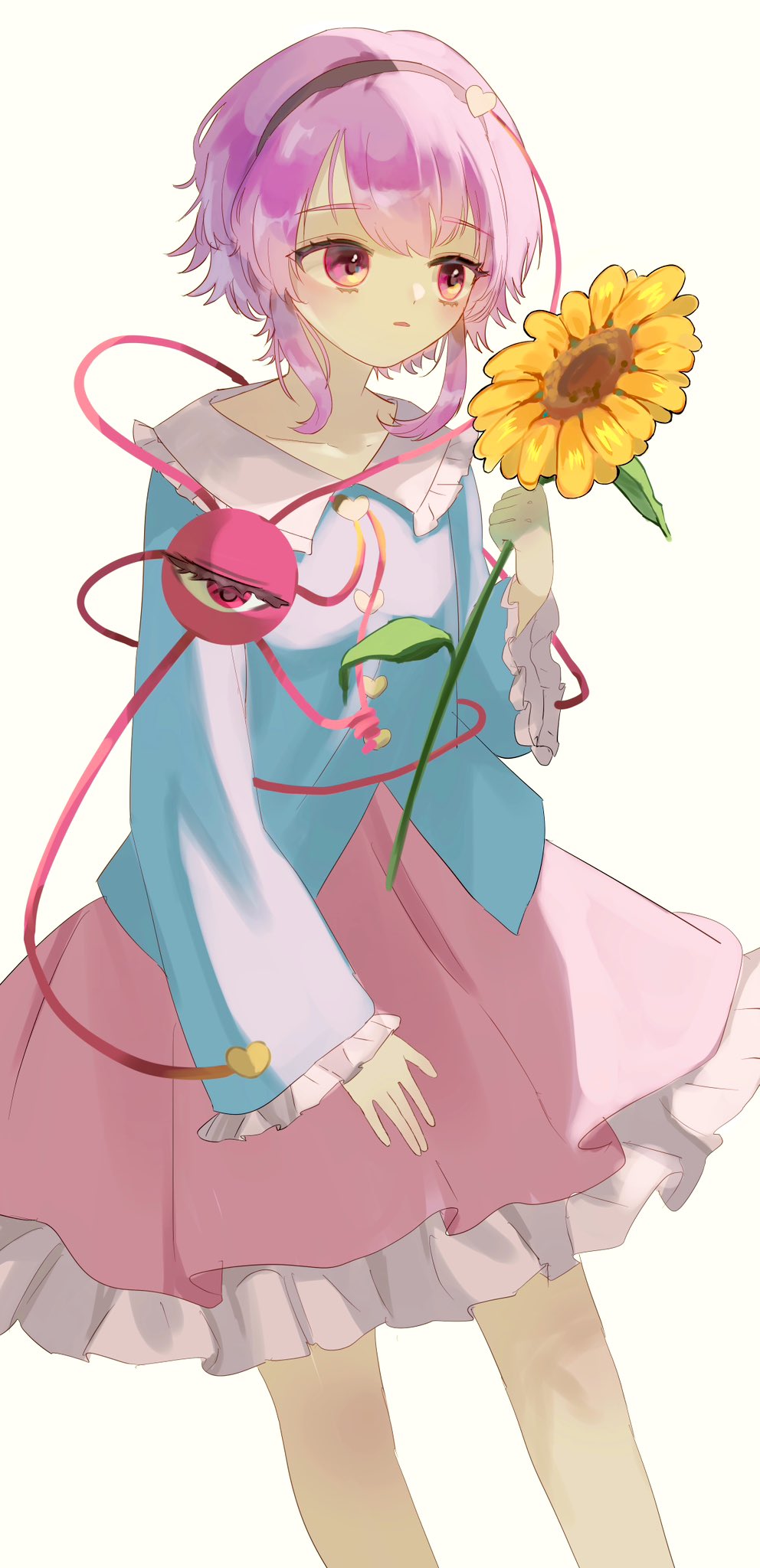komeiji satori, touhou, commentary request, highres, 1girl, black hairband, blue shirt, buttons, collarbone, expressionless, eyeball, flower, frilled shirt collar, frills, hair ornament, hairband, hand up, heart, heart button, heart hair ornament, holding, holding flower, light blush, long sleeves, looking at flowers, parted lips, petticoat, pink eyes, pink hair, pink skirt, shirt, short hair, simple background, skirt, solo, sunflower, third eye, tumetaisnow, white background, yellow flower