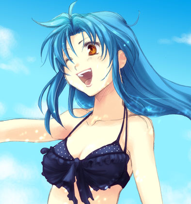 chidori kaname, full metal panic!, lowres, 00s, 1girl, bikini, blue hair, brown eyes, day, female focus, long hair, one eye closed, orange eyes, solo, swimsuit, wink