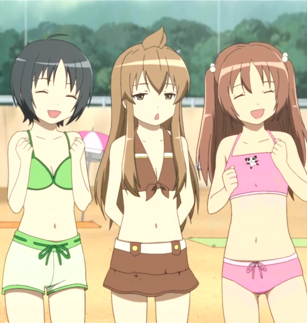 minami chiaki, uchida yuka, yoshino (minami-ke), minami-ke, anime screenshot, stitched, third-party edit, 00s, 3girls, ahoge, beach, bikini, black hair, brown eyes, brown hair, closed eyes, day, flat chest, hair bobbles, hair ornament, happy, long hair, multiple girls, navel, outdoors, short hair, swimsuit, tankini, twintails, two side up, umbrella