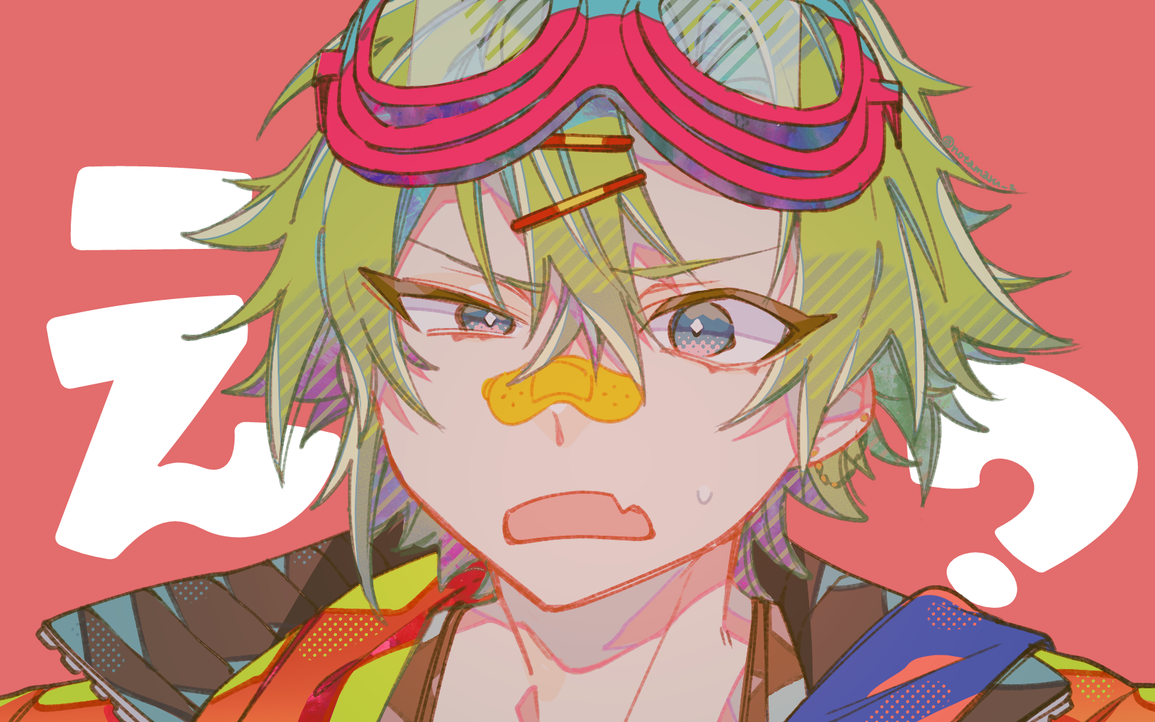 notamaru 2, original, commentary request, highres, translated, 1boy, bandaid, bandaid on face, bandaid on nose, double-parted bangs, fang, goggles, goggles on head, green hair, hair between eyes, male focus, open mouth, orange shirt, red background, shirt, short hair, simple background, skin fang, sweatdrop