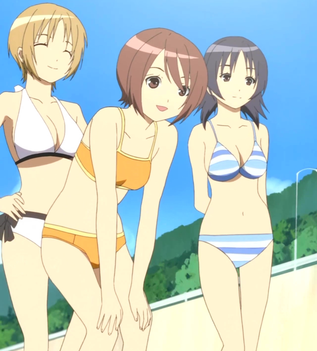 atsuko (minami-ke), hayami (minami-ke), maki (minami-ke), minami-ke, anime screenshot, stitched, third-party edit, 00s, 3girls, bikini, day, multiple girls, striped bikini, striped clothes, swimsuit