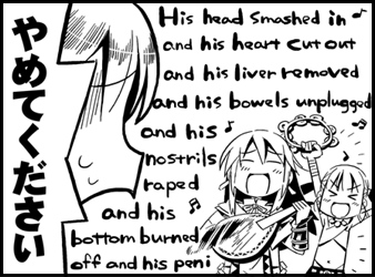 himukai yuuji, bard (sekaiju), bard 1 (sekaiju), bard 2 (sekaiju), atlus, etrian odyssey, monty python, lowres, 2girls, angry, bard, blush, chibi, closed eyes, english text, greyscale, instrument, lute (instrument), midriff, monochrome, multiple girls, music, navel, parody, scene reference, singing, tambourine