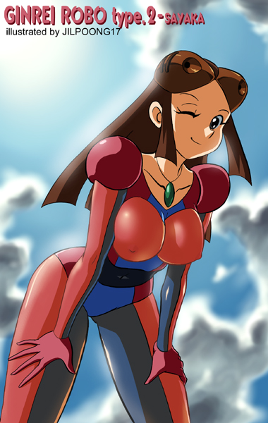 jilpoong17, yumi sayaka, mazinger (series), mazinger z, hand on thigh, 1girl, breasts, brown hair, cosplay, covered erect nipples, female focus, ginrei robo, hand on own thigh, jewelry, large breasts, leaning forward, mecha, necklace, one eye closed, robot, solo, wink