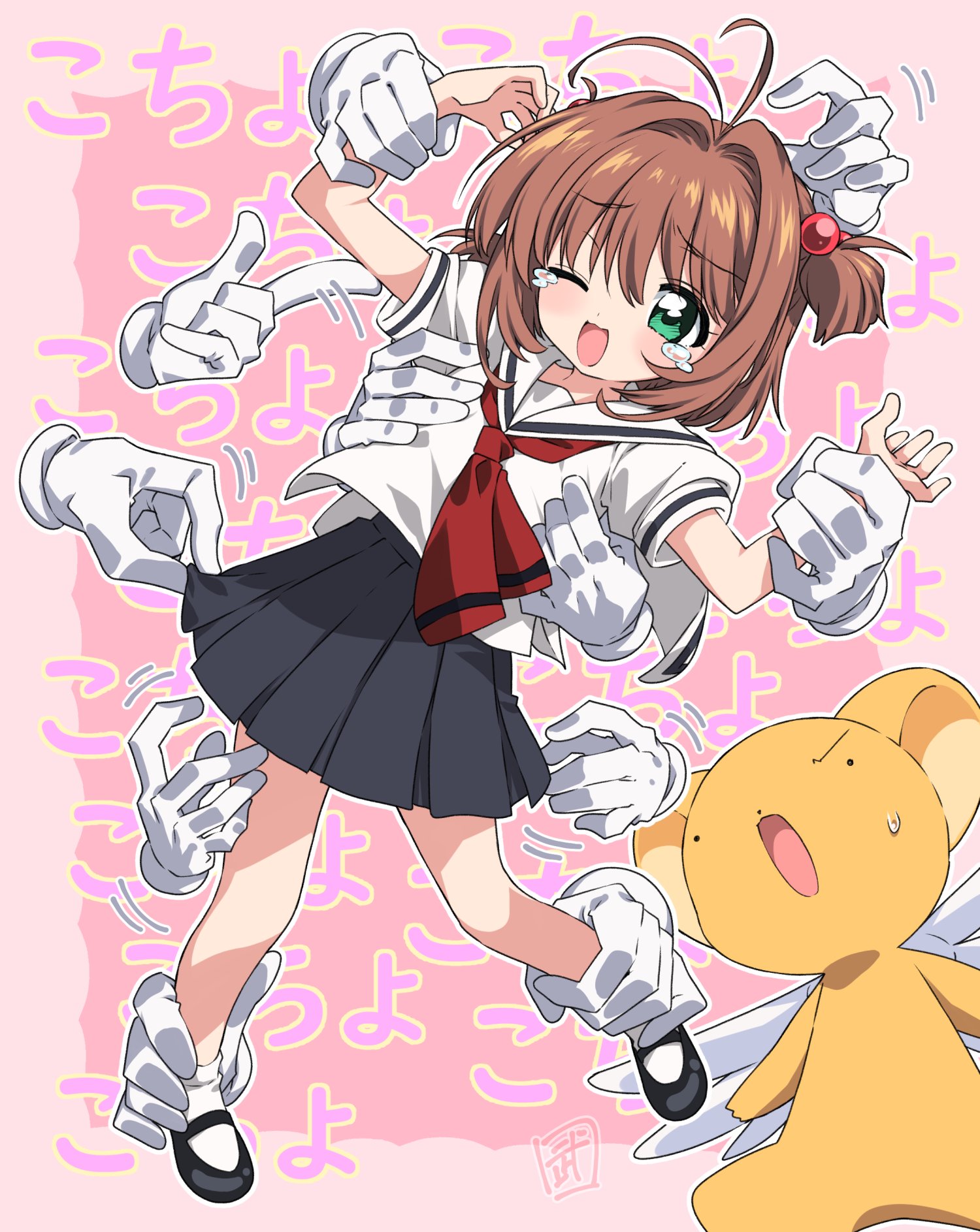 take shinobu, kero (cardcaptor sakura), kinomoto sakura, cardcaptor sakura, commentary request, commission, highres, skeb commission, 1girl, antenna hair, black shoes, blue skirt, brown hair, crying, disembodied hand, flat chest, full body, furrowed brow, green eyes, hair bobbles, hair intakes, hair ornament, hands up, mary janes, medium hair, motion lines, neckerchief, one eye closed, open mouth, pleated skirt, red neckerchief, sailor collar, school uniform, serafuku, shirt, shoes, short sleeves, skirt, socks, tickling, two side up, white sailor collar, white shirt, white socks