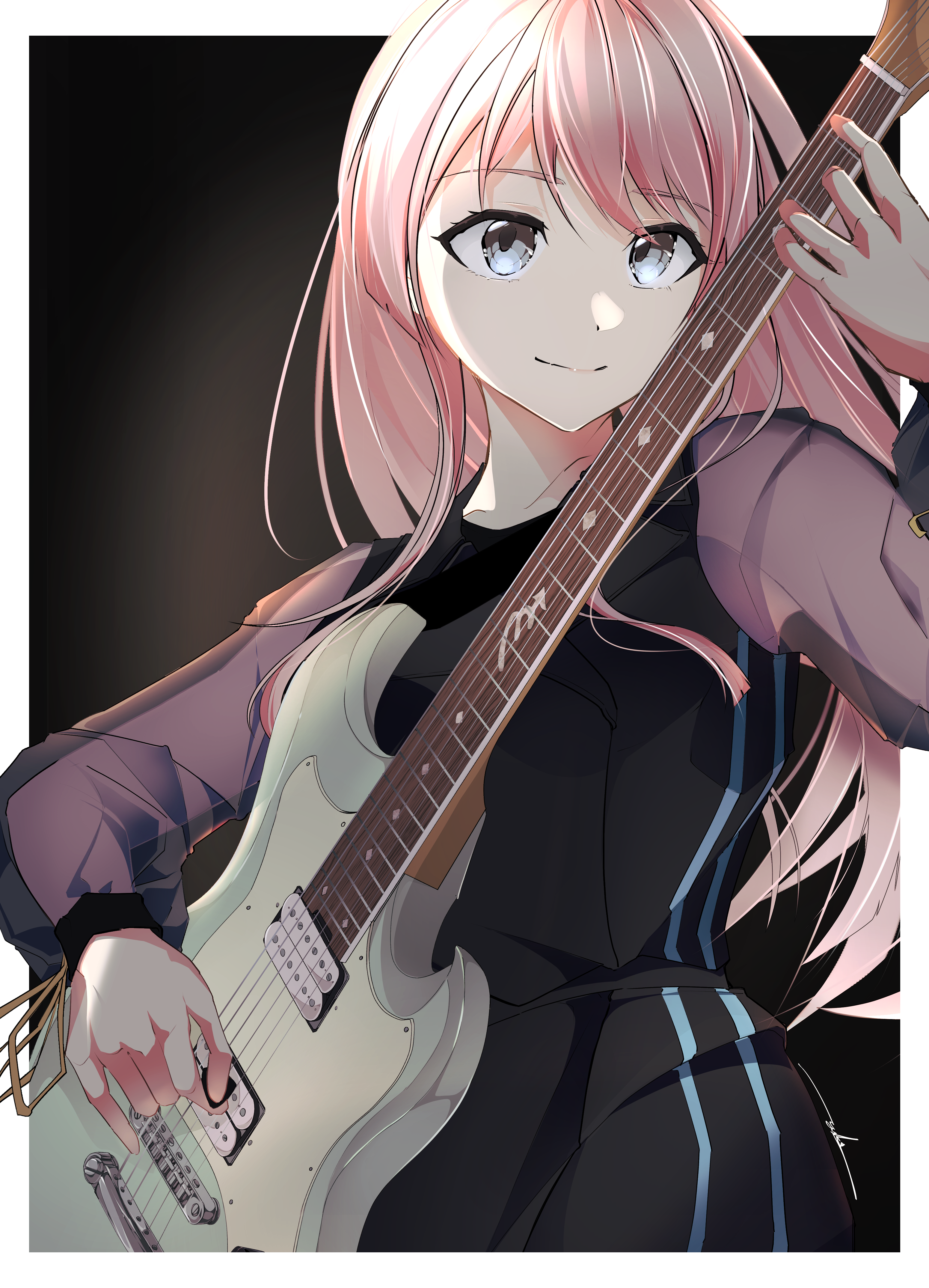 ryo yanakasa, chihaya anon, bang dream!, bang dream! it's mygo!!!!!, absurdres, commentary, highres, 1girl, border, closed mouth, electric guitar, grey eyes, guitar, holding, holding guitar, holding instrument, holding phone, instrument, long hair, long sleeves, outside border, phone, pink hair, see-through clothes, see-through sleeves, solo, white border
