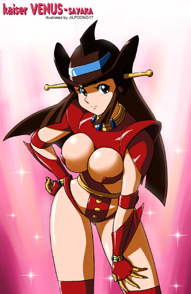 jilpoong17, venus a, yumi sayaka, mazinger (series), mazinger z, mazinkaiser, 1girl, breasts, cleavage, cosplay, female focus, hand on own hip, kaiser venus, large breasts, leaning forward, mecha, mecha musume, revealing clothes, robot, smile, solo, star (symbol), thighhighs