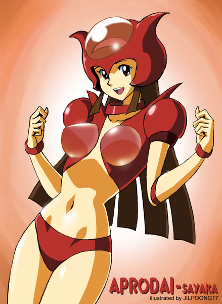 jilpoong17, aphrodai a, aphrodite a, yumi sayaka, mazinger (series), mazinger z, 1girl, brown hair, cosplay, female focus, helmet, mecha, mecha musume, midriff, panties, red panties, robot, solo, underwear, wristband