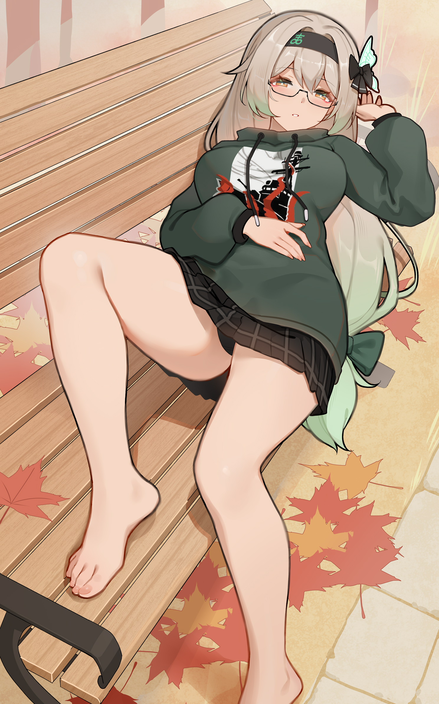ninai, firefly (honkai: star rail), honkai: star rail, honkai (series), highres, 1girl, bare legs, barefoot, bench, black-framed eyewear, black hairband, black panties, black skirt, brown eyes, bug, butterfly, feet, glass, gradient hair, grey hair, hairband, insect, long sleeves, looking at viewer, multicolored hair, on bench, panties, park, park bench, ribbon, skirt, sweater, underwear, wooden bench