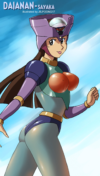 jilpoong17, dianan a, yumi sayaka, mazinger (series), mazinger z, 1970s (style), 1girl, :p, breasts, brown hair, character name, cosplay, female focus, helmet, large breasts, long hair, looking at viewer, mecha, oldschool, retro artstyle, robot, solo, super robot, tongue, tongue out