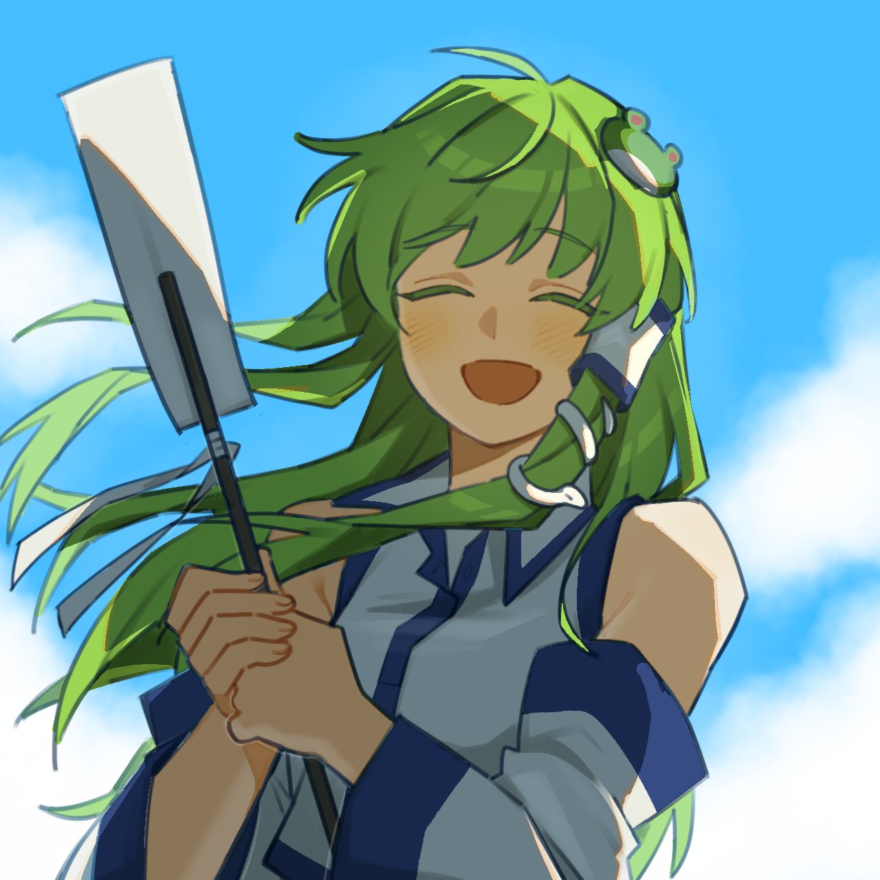 sakic43899, kochiya sanae, touhou, commentary request, highres, 1girl, :d, ahoge, backlighting, bare shoulders, blue sky, blush, closed eyes, cloud, collared shirt, colored eyelashes, detached sleeves, floating hair, frog hair ornament, gohei, green hair, hair ornament, hair tubes, holding, holding gohei, long hair, open mouth, shirt, sky, smile, snake hair ornament, solo, upper body, white shirt