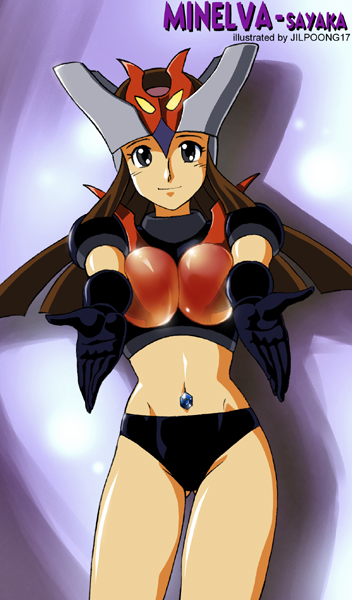 jilpoong17, minerva, minerva x, yumi sayaka, mazinger (series), mazinger z, 1girl, black panties, breasts, breasts squeezed together, brown hair, cosplay, diamond (gemstone), female focus, gloves, helmet, mecha, midriff, outstretched arms, panties, robot, smile, solo, underwear