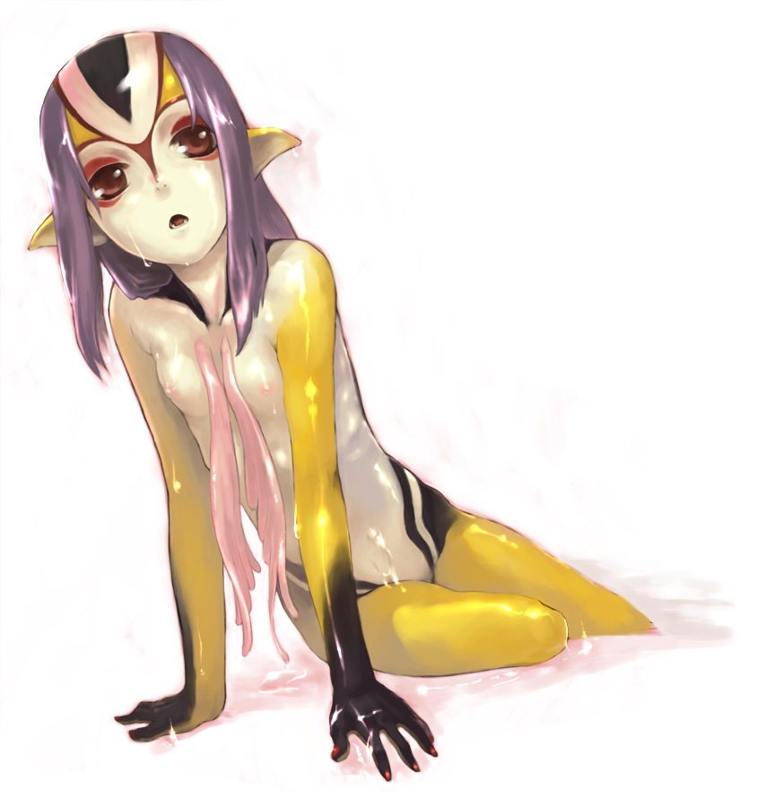 mutio, ao no roku-gou, 1girl, colored skin, fangs, female focus, flat chest, long hair, monster girl, multicolored skin, nipples, nude, open mouth, pointy ears, purple hair, red eyes, simple background, sitting, solo, water, wet, white skin, yellow skin