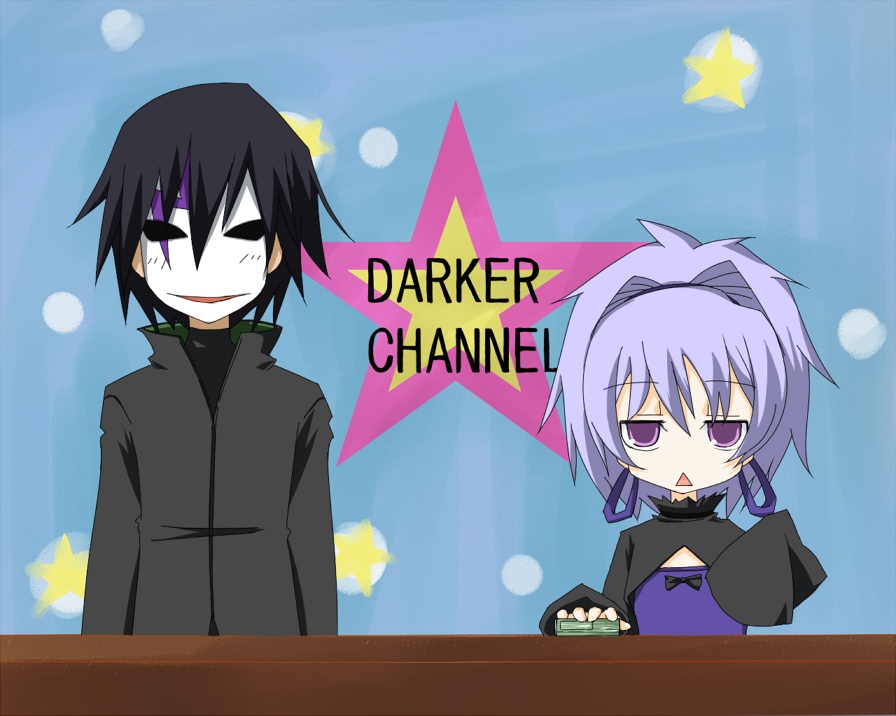 hato haru, hei (darker than black), yin (darker than black), darker than black, lucky star, 1boy, 1girl, lucky channel, mask, oversized clothes, parody