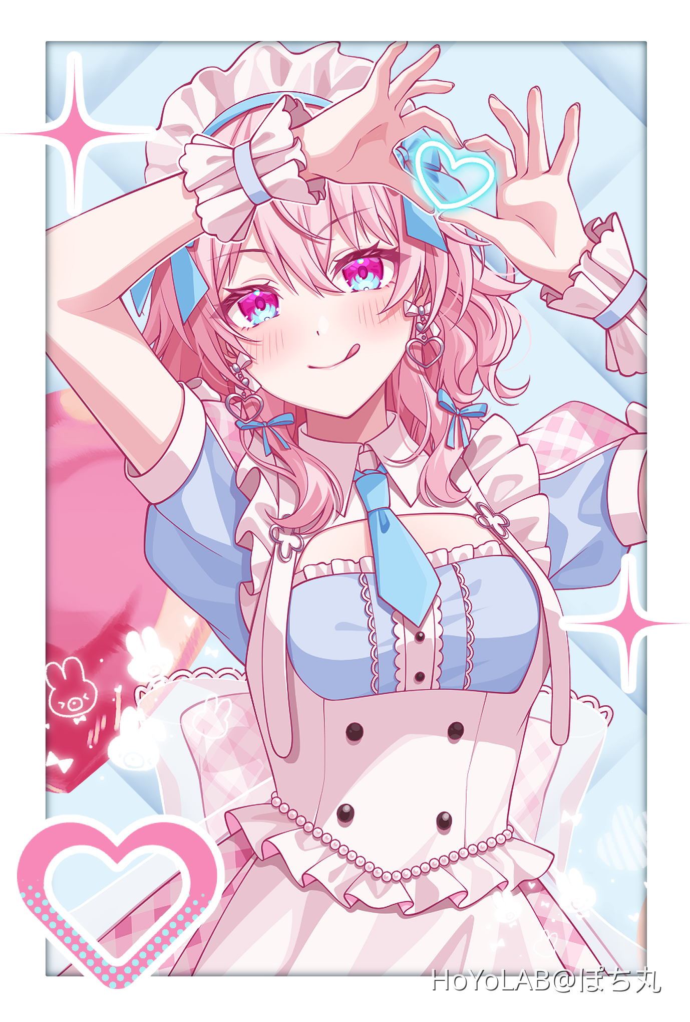 pochimaru (marumaru wanwan), march 7th (honkai: star rail), honkai: star rail, honkai (series), commentary, highres, 1girl, alternate costume, blue bow, blue dress, blue eyes, blue necktie, border, bow, collared dress, dress, earrings, enmaided, hair bow, heart, heart earrings, heart hands, jewelry, licking lips, looking at viewer, maid, maid headdress, multicolored eyes, necktie, pink eyes, pink hair, puffy short sleeves, puffy sleeves, short necktie, short sleeves, solo, tongue, tongue out, two-tone eyes, upper body, white border, white headdress