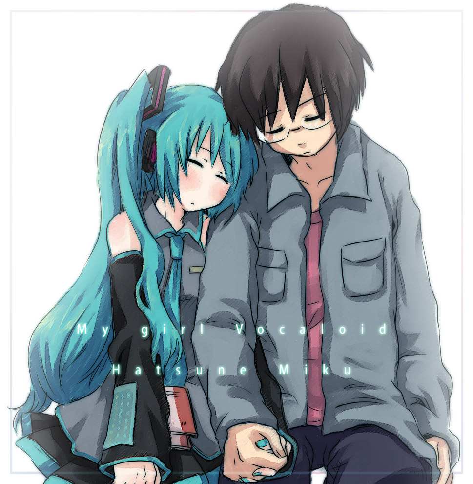hinata (artist), magamoto, hatsune miku, vocaloid, 1boy, 1girl, couple, hetero, holding hands, long hair, sleeping, very long hair