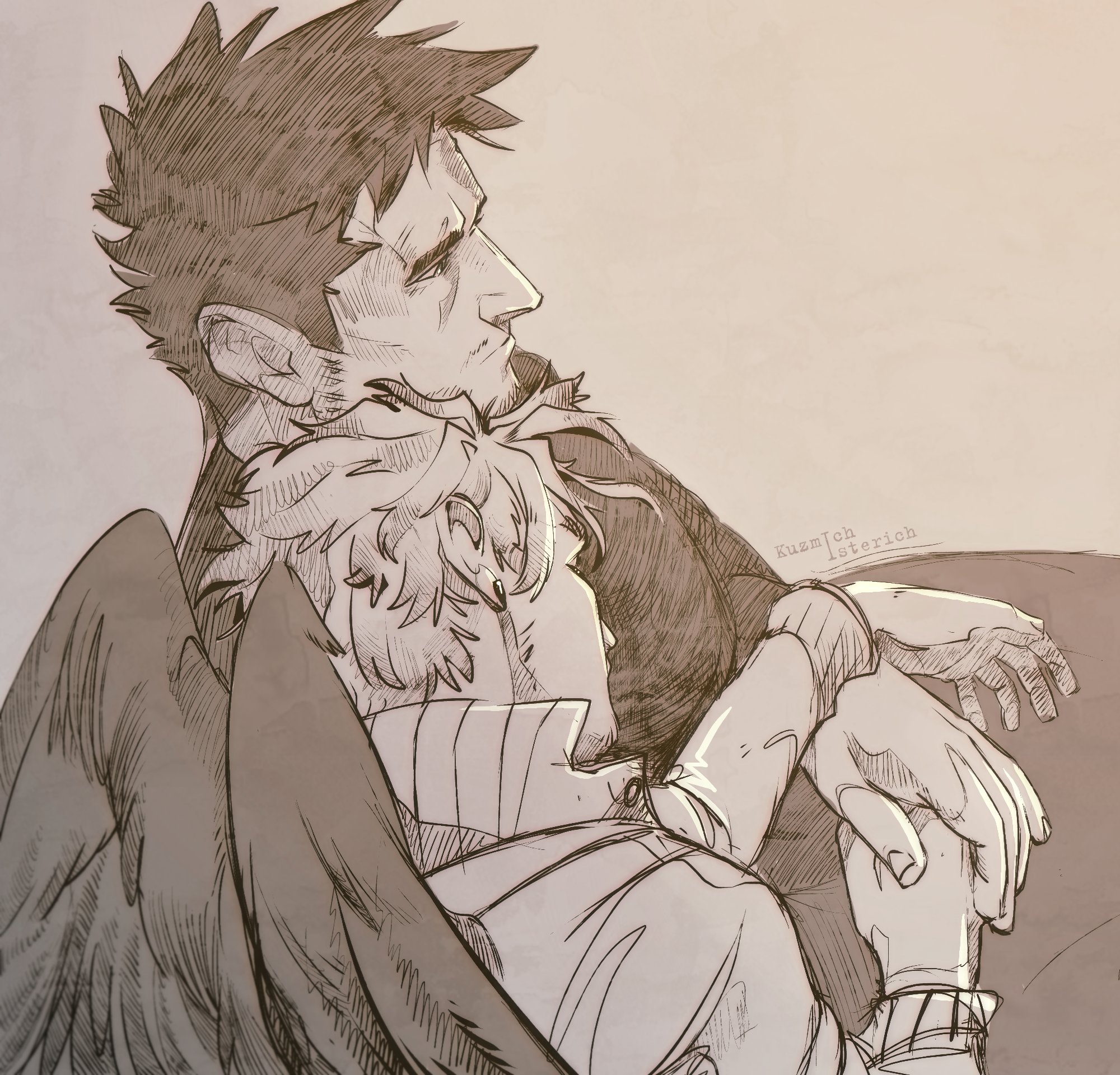 k isterich, endeavor (boku no hero academia), hawks (boku no hero academia), boku no hero academia, commentary, highres, 2boys, artist name, closed eyes, closed mouth, collared jacket, facial hair, feathered wings, fingernails, holding hands, jacket, looking ahead, male focus, mature male, multiple boys, popped collar, scar, scar on face, sepia, shirt, short hair, simple background, sketch, spiked hair, upper body, wings, yaoi
