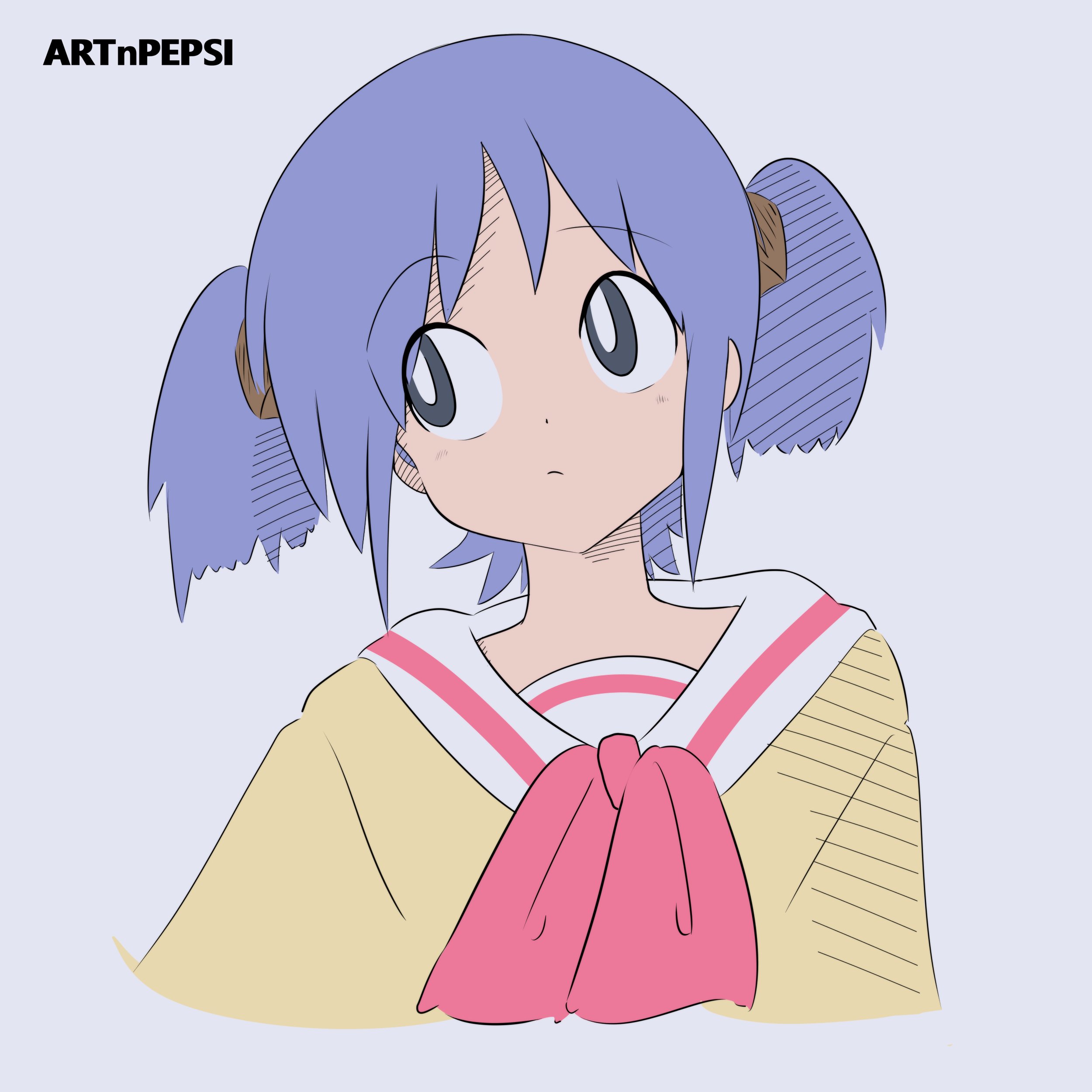 naganohara mio, nichijou, absurdres, highres, 1girl, artist name, artnpepsi, blazer, blue hair, bow, bowtie, cropped shoulders, cube hair ornament, grey background, grey eyes, hair ornament, hatching (texture), jacket, light frown, medium hair, pink bow, pink bowtie, sailor collar, school uniform, short twintails, simple background, tokisadame school uniform, twintails, white sailor collar