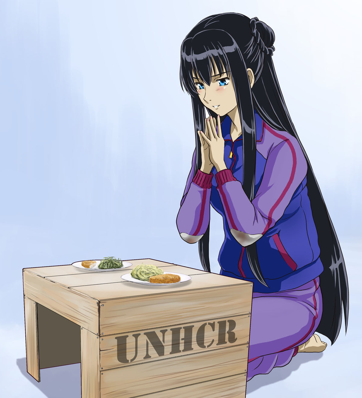 tooo, marina ismail, gundam, gundam 00, highres, 00s, 1girl, barefoot, female focus, food, full body, gradient background, poverty, raglan sleeves, seiza, sitting, solo, track suit