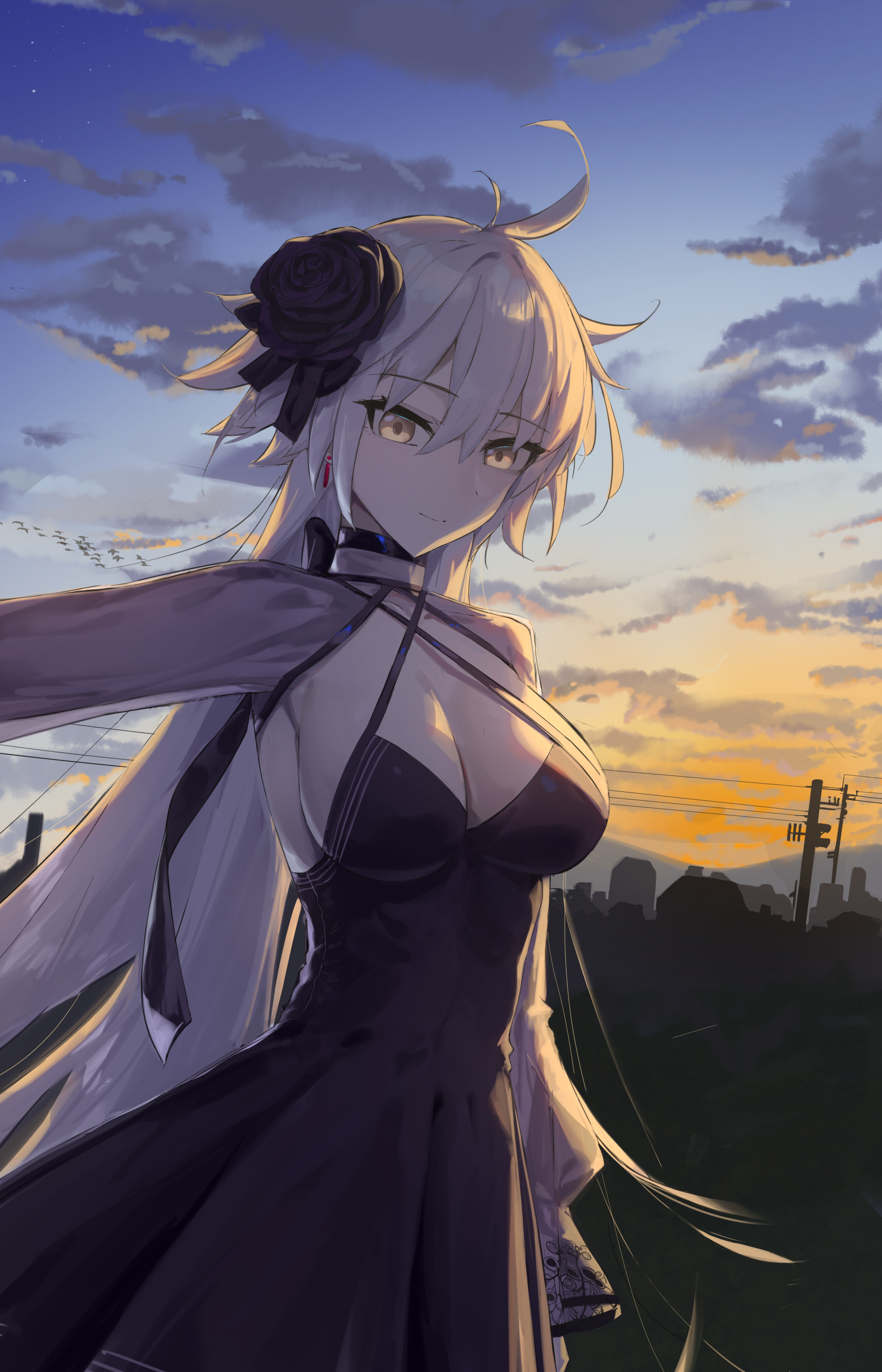 lilin (pixiv 25958194), jeanne d'arc alter (fate), fate/grand order, fate (series), absurdres, commentary request, highres, 1girl, ahoge, black flower, black rose, breasts, cleavage, closed mouth, cloud, dress, flower, grey hair, hair between eyes, hair flower, hair ornament, jeanne d'arc alter (over the same sky) (fate), large breasts, long hair, looking at viewer, official alternate costume, outdoors, rose, sky, smile, solo, very long hair, yellow eyes