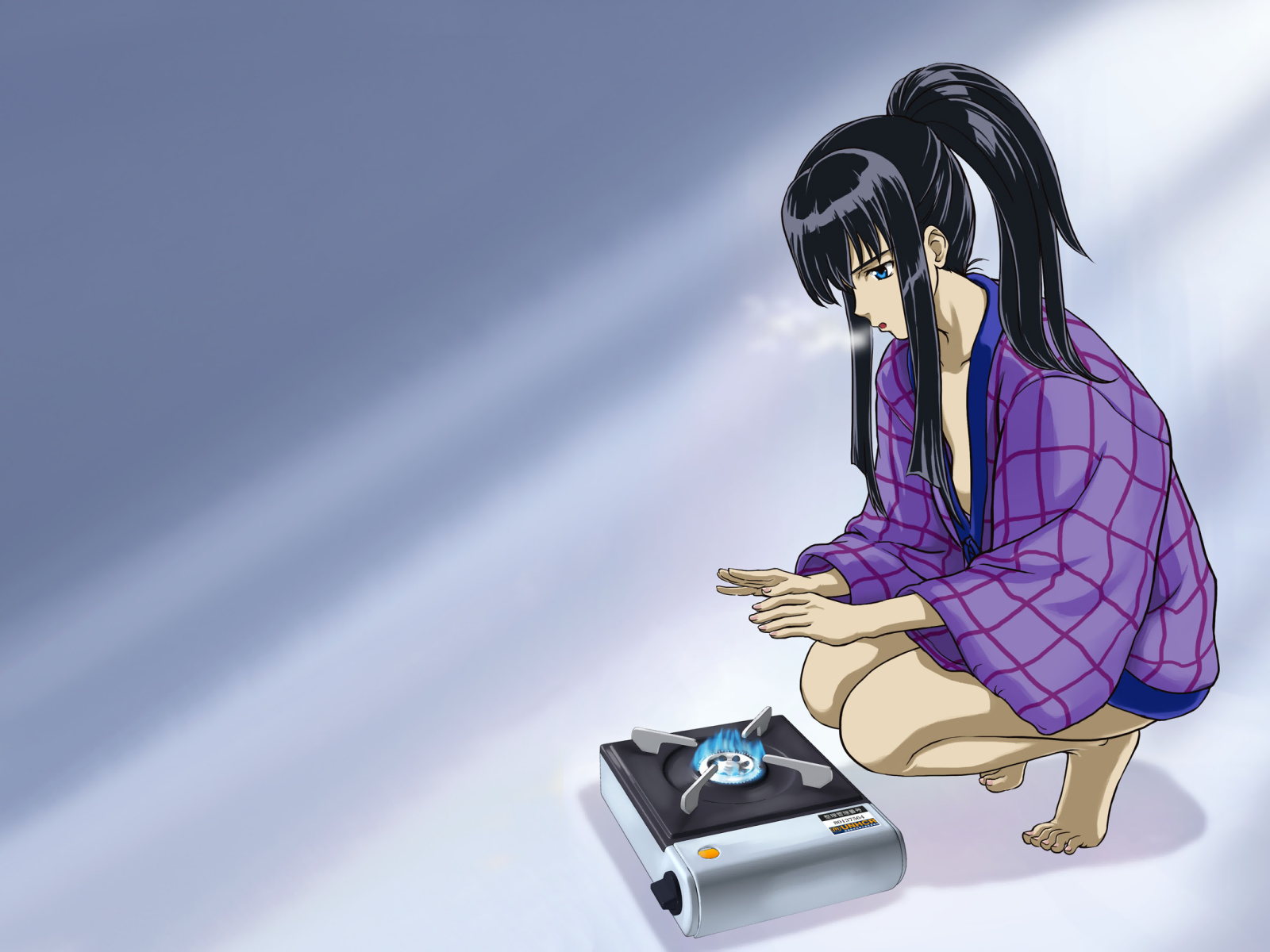marina ismail, gundam, gundam 00, highres, 00s, 1girl, barefoot, black hair, breath, cold, female focus, full body, gradient background, heater, long hair, ponytail, poverty, solo