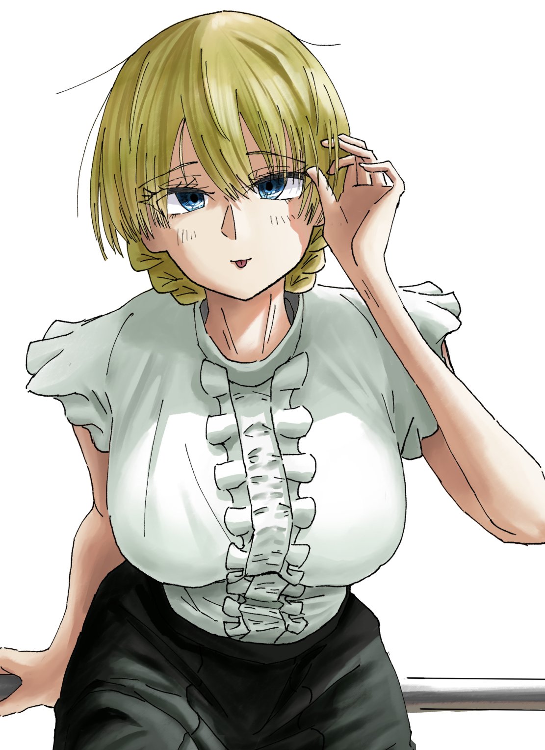 darjeeling (girls und panzer), girls und panzer, highres, 1girl, 44gngqcit9bom6t, adjusting hair, blonde hair, blue eyes, braid, breasts, closed mouth, dress, eyes visible through hair, frilled dress, frilled sleeves, frills, hair between eyes, hand in own hair, large breasts, looking at viewer, nape braid, short hair, short sleeves, simple background, smile, solo, tongue, tongue out, twin braids, white background, white dress