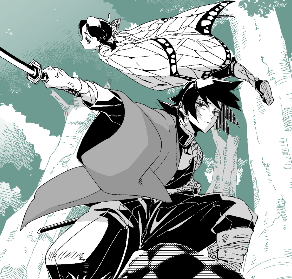 kochou shinobu, tomioka giyuu, kimetsu no yaiba, 1boy, 1girl, black hair, black jacket, black pants, butterfly hair ornament, buttons, closed mouth, demon slayer uniform, hair ornament, haori, jacket, japanese clothes, jumping, kikkoumon, low ponytail, nstnsia frisk, pants, partially colored, ponytail, print haori, spiked hair, veins, veiny hands