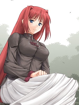 aozaki aoko, melty blood, tsukihime, type-moon, lowres, 00s, 1girl, blue eyes, female focus, hair intakes, long hair, long skirt, red hair, skirt, solo