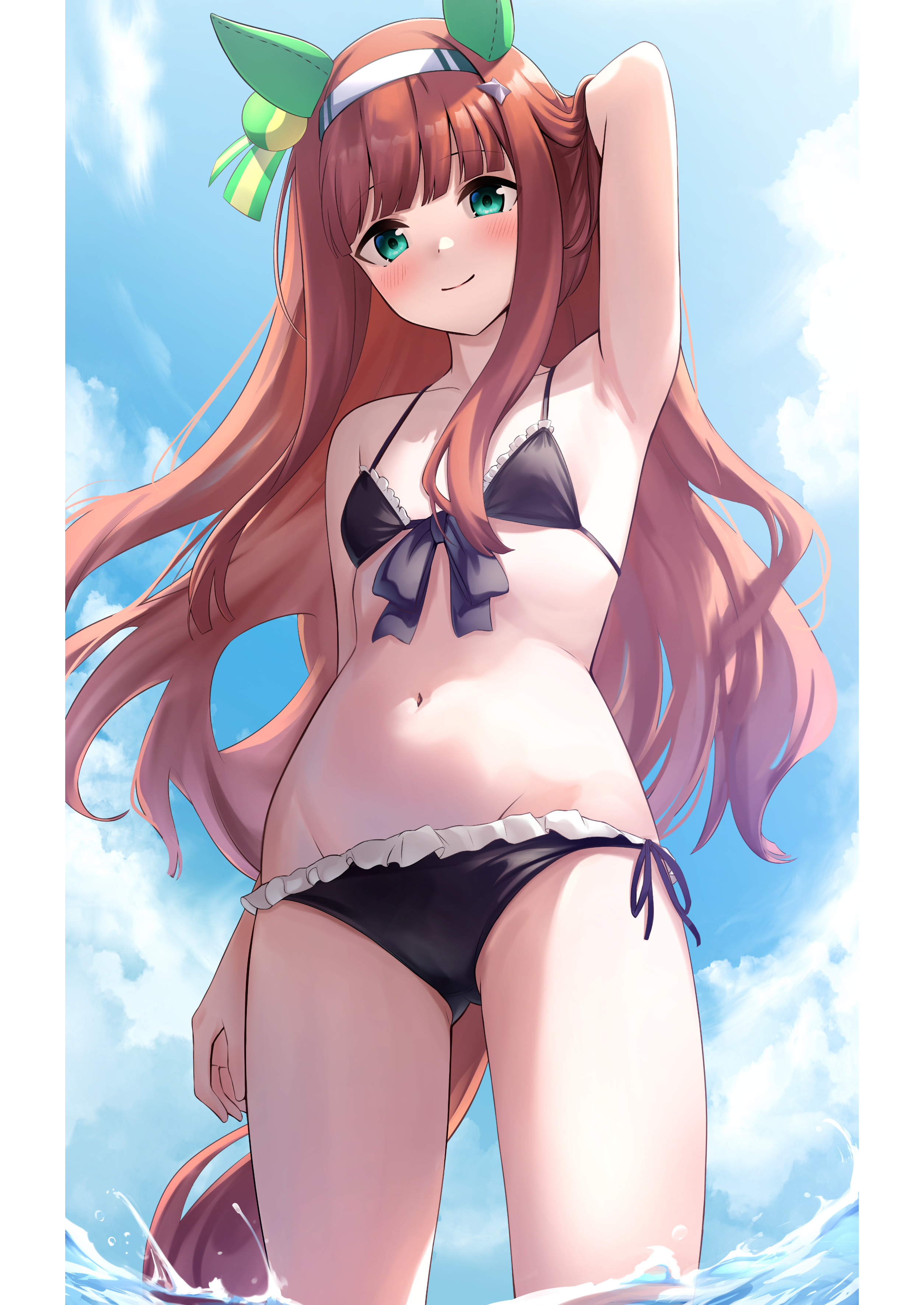 herohero (higashi no dou), silence suzuka (umamusume), umamusume, absurdres, highres, third-party source, 1girl, animal ears, arm behind head, arm up, armpits, bikini, black bikini, blue eyes, blunt bangs, blush, breasts, brown hair, closed mouth, cloud, cowboy shot, day, ear covers, frilled bikini, frills, green eyes, hairband, horse ears, horse girl, horse tail, long hair, looking at viewer, navel, outdoors, pillarboxed, side-tie bikini bottom, small breasts, smile, solo, stomach, swimsuit, tail, very long hair, wading, water, white hairband