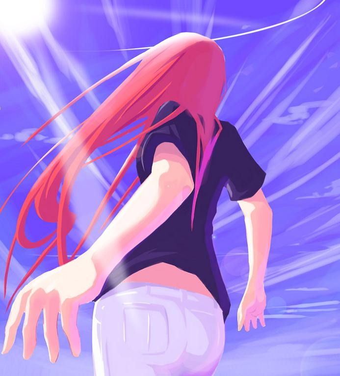 senmu (senmudayo), aozaki aoko, melty blood, tsukihime, type-moon, jpeg artifacts, 00s, 1girl, denim, female focus, foreshortening, from behind, jeans, lens flare, long hair, pants, red hair, shirt, sky, solo