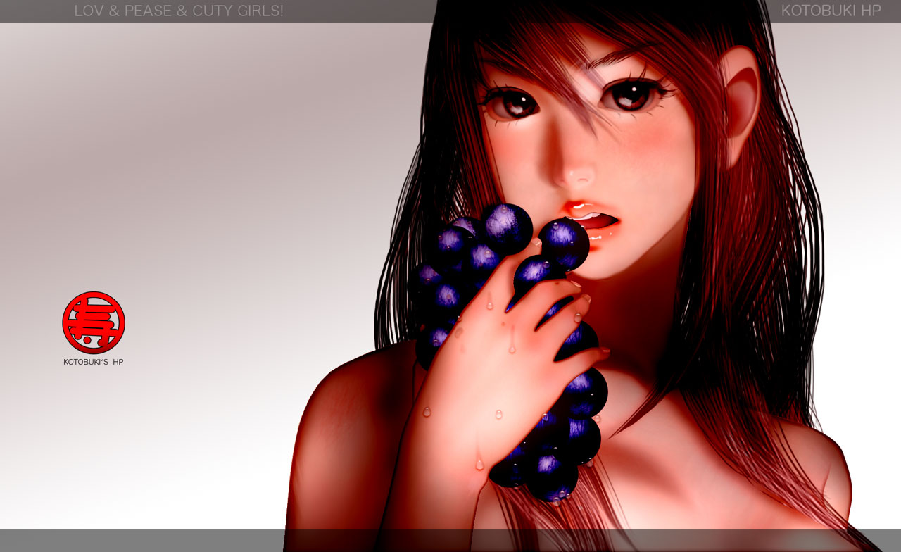kotobuki shiro, shro kotobuki, rumble roses, non-web source, 1girl, brown hair, female focus, food, fruit, grapes, holding, holding food, holding fruit, solo