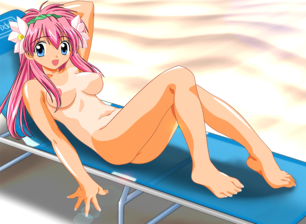 milfeulle sakuraba, broccoli (company), galaxy angel, 00s, 1girl, barefoot, beach, breasts, breasts apart, chair, day, feet, female focus, lens flare, lounge chair, nipples, nude, nudist, one-piece tan, outdoors, solo, tan, tanline, toes