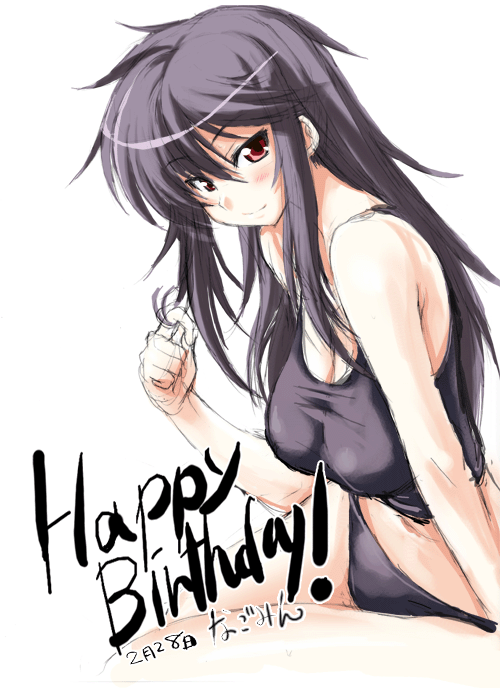 ayase shinomu, yashi nagomi, tsuyokiss, 1girl, black hair, black panties, blush, breasts, character name, english text, female focus, happy birthday, large breasts, panties, red eyes, sketch, smile, solo, tank top, twirling hair, underwear, white background