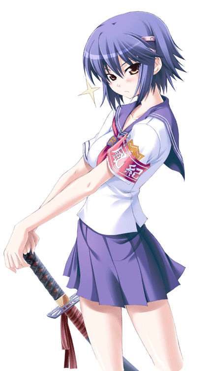 ayase shinomu, kurogane otome, tsuyokiss, 1girl, :/, armband, blue hair, blush, brown eyes, collarbone, female focus, hair ornament, hairclip, hand on hilt, pleated skirt, school uniform, serafuku, sheath, sheathed, short sleeves, skirt, solo, sparkle, sword, weapon, white background
