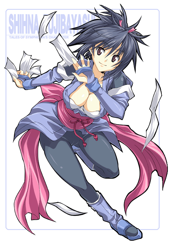 ayase shinomu, fujibayashi sheena, tales of (series), tales of symphonia, 00s, 1girl, black hair, boots, bow, breasts, character name, cleavage, copyright name, elbow gloves, female focus, fingerless gloves, gloves, huge breasts, japanese clothes, knee boots, leggings, ninja, pink bow, purple boots, purple eyes, short hair, skin tight, smile, solo, spandex