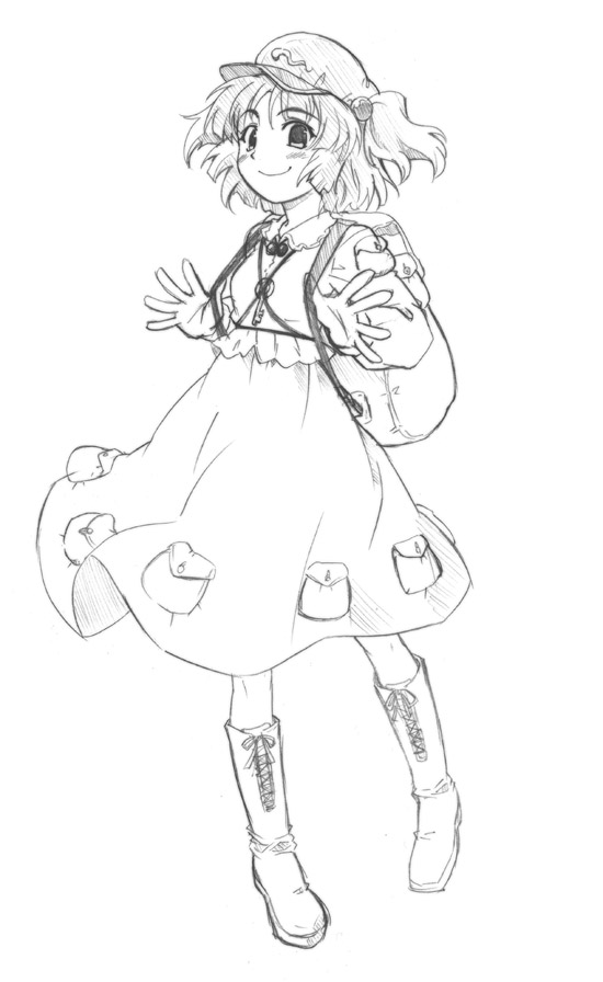 sakumo, sakumo (karatama), kawashiro nitori, touhou, 1girl, backpack, bag, boots, female focus, full body, greyscale, hair bobbles, hair ornament, hat, key, monochrome, pocket, simple background, skirt, smile, solo, standing, two side up