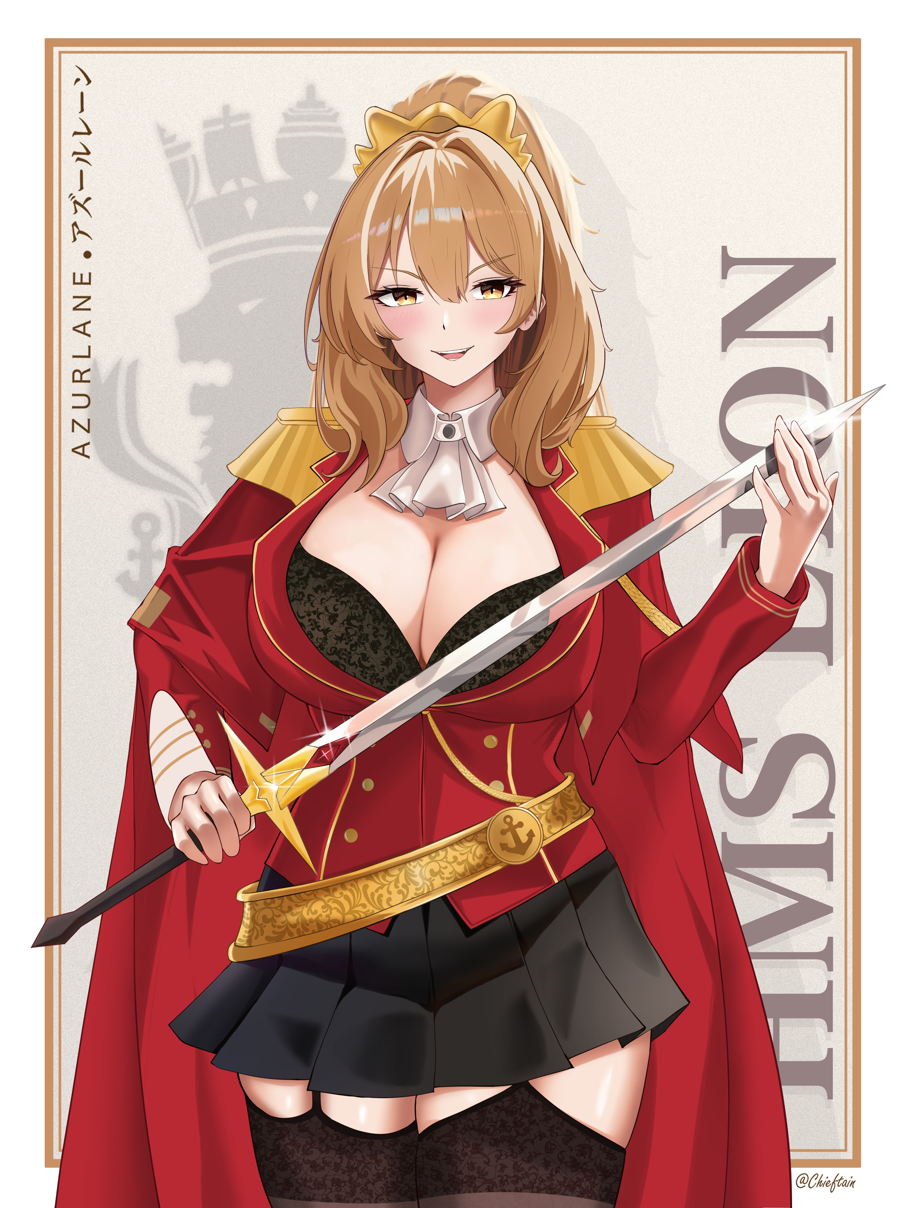 chieftain art13, lion (azur lane), azur lane, absurdres, commentary, commission, english commentary, highres, 1girl, aiguillette, artist name, ascot, black bra, black garter straps, black skirt, black thighhighs, bra, breasts, buttons, cape, cleavage, clothing cutout, collar, cowboy shot, detached collar, double-breasted, english text, epaulettes, fangs, garter straps, gold trim, hair between eyes, hair ornament, holding, holding sword, holding weapon, jacket, lace, lace-trimmed bra, lace-trimmed thighhighs, lace trim, large breasts, long hair, long sleeves, medal, open mouth, orange hair, pleated skirt, ponytail, red cape, red jacket, red sleeves, royal navy, sidelocks, signature, skindentation, skirt, smile, solo, sparkle, sword, teeth, thick thighs, thighhighs, thighs, underwear, weapon, white ascot, white collar, zettai ryouiki