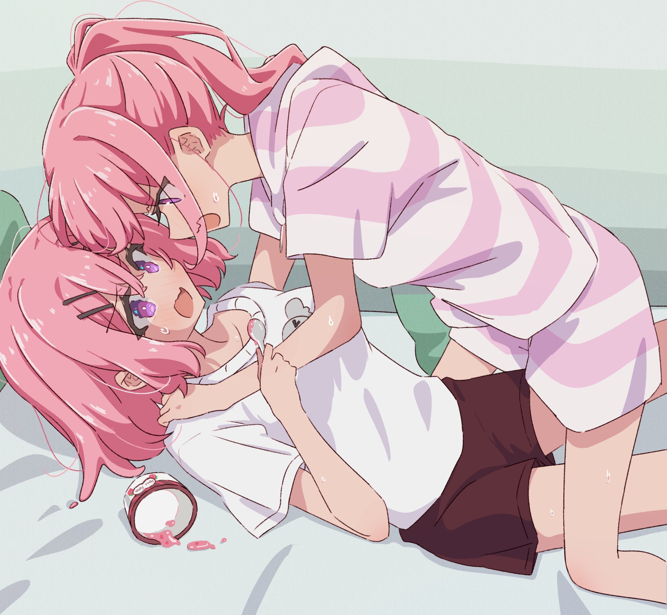 krill55, amaori haruna, amaori renako, watashi ga koibito ni nareru wake naijan murimuri!, green pillow, highres, 2girls, bed, bob cut, bowl, breasts, brown shorts, collarbone, crossed bangs, eye contact, face-to-face, feet out of frame, flustered, food, fruit, girl on top, grabbing another's shoulder, gradient background, hair between eyes, hair ornament, hand on another's shoulder, holding, holding spoon, indoors, kneeling, light blush, looking at another, lying, medium breasts, medium hair, multiple girls, no nose, on back, open mouth, pink hair, ponytail, profile, purple eyes, shirt, short hair, short sleeves, shorts, siblings, sidelocks, simple background, sisters, spoon, straddling, strawberry, striped clothes, sweat, sweatdrop, wavy mouth, white shirt, wide sleeves