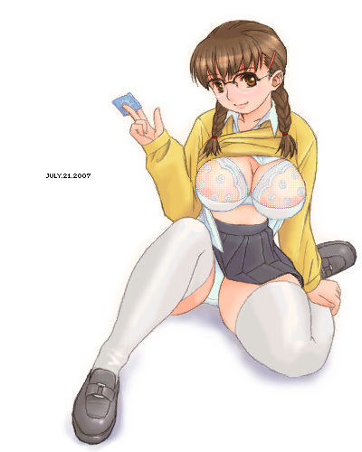 lowres, tagme, black shoes, black skirt, braid, breasts, brown hair, condom, glasses, hair ornament, hairclip, large breasts, long sleeves, miniskirt, panties, pantyshot, shirt, shoes, skirt, socks, solo, thighhighs, twin braids, underwear, white shirt, white socks, yellow shirt