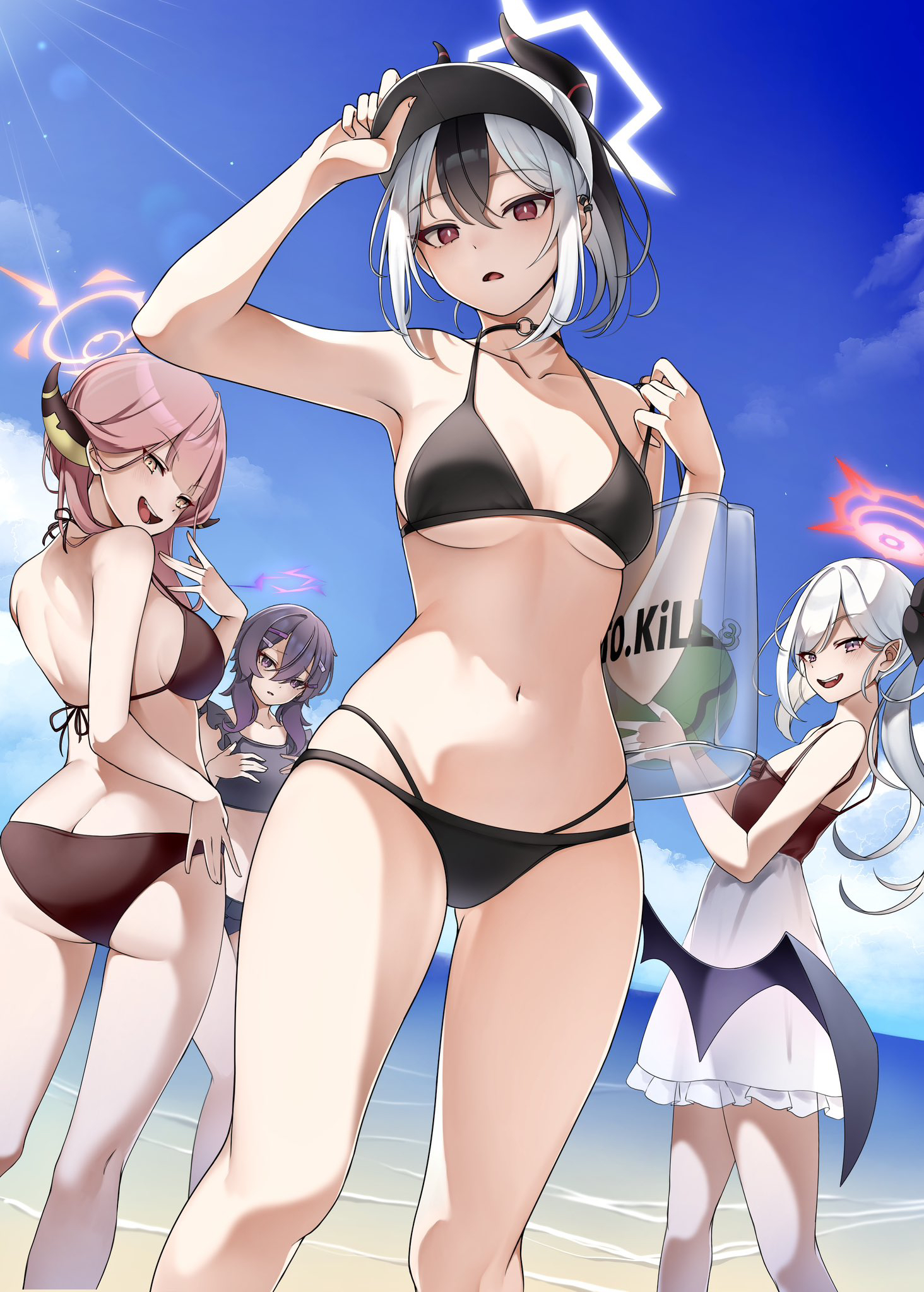 revebw, aru (blue archive), haruka (blue archive), kayoko (blue archive), mutsuki (blue archive), blue archive, highres, 4girls, alternate costume, armpits, artistic error, ass, bad anatomy, ball, bare legs, bare shoulders, beachball, bikini, black bikini, black hair, blue sky, bow, breasts, cowboy shot, demon girl, demon horns, dress, halo, halterneck, holding, holding ball, holding beachball, horns, long hair, looking at viewer, medium breasts, multicolored hair, multiple girls, navel, outdoors, pointy ears, problem solver 68 (blue archive), purple bow, purple eyes, purple hair, purple halo, red eyes, red hair, red halo, short hair with long locks, sky, small breasts, stomach, string bikini, swimsuit, thighs, two-tone hair, wading, white dress, white hair, white halo, yellow eyes