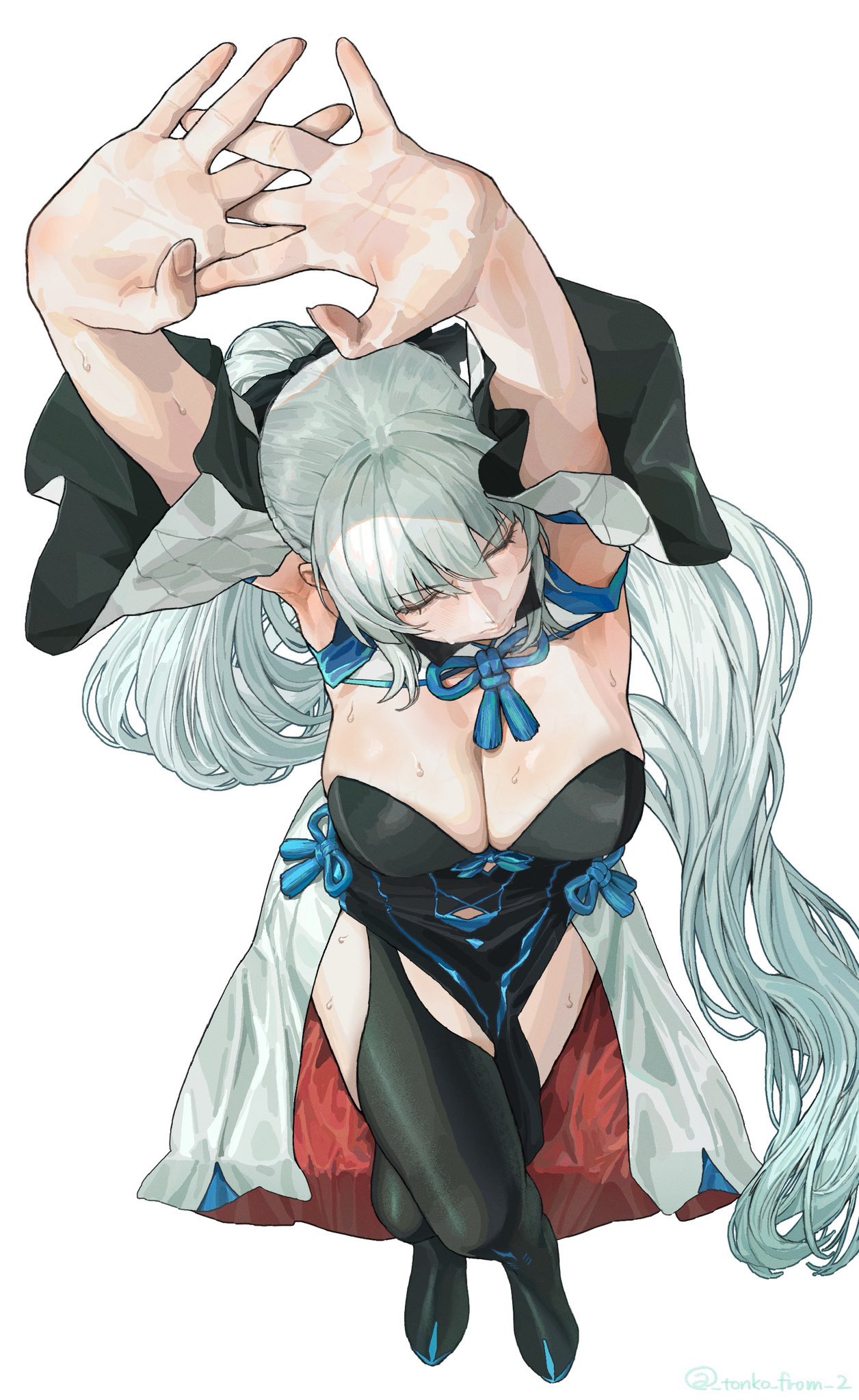 tonko from, morgan le fay (fate), morgan le fay (first ascension) (fate), fate/grand order, fate (series), highres, 1girl, black bow, bow, closed eyes, hair between eyes, hair bow, long hair, ponytail, sitting, solo, very long hair, white hair