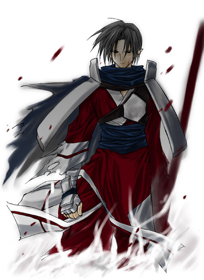 benawi, utawarerumono, 00s, 1boy, armor, blood, breastplate, brown eyes, brown hair, cropped legs, holding, holding weapon, looking at viewer, male focus, pointy ears, rod, short hair, shoulder pads, simple background, solo, staff, weapon, white background