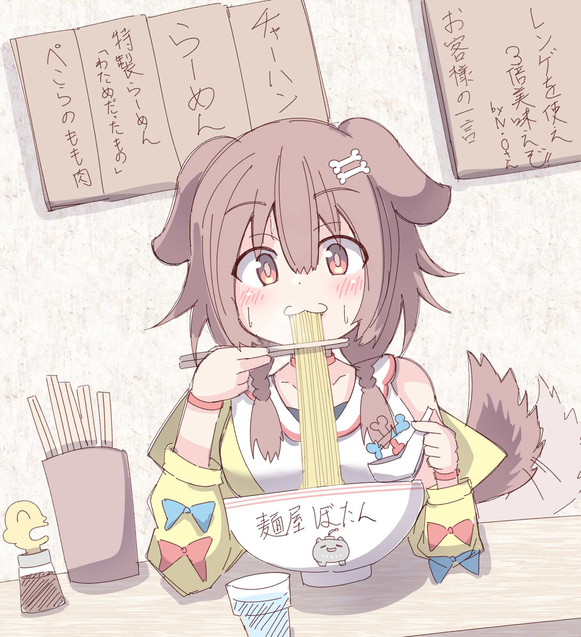 umberblack, inugami korone, inugami korone (1st costume), listener (inugami korone), hololive, commentary request, highres, translation request, 1girl, :3, afterimage, animal ears, bare shoulders, blue bow, blush, bone hair ornament, bow, braid, breasts, brown hair, cartoon bone, choker, chopsticks, closed mouth, collarbone, dog ears, dog girl, dog tail, dress, eating, food, hair between eyes, hair ornament, hair over shoulder, holding, holding chopsticks, jacket, long hair, long sleeves, low twintails, medium breasts, noodles, open clothes, open jacket, puffy long sleeves, puffy sleeves, red bow, red choker, red eyes, sleeveless, sleeveless dress, solo focus, sweat, tail, tail wagging, twin braids, twintails, white dress, yellow jacket