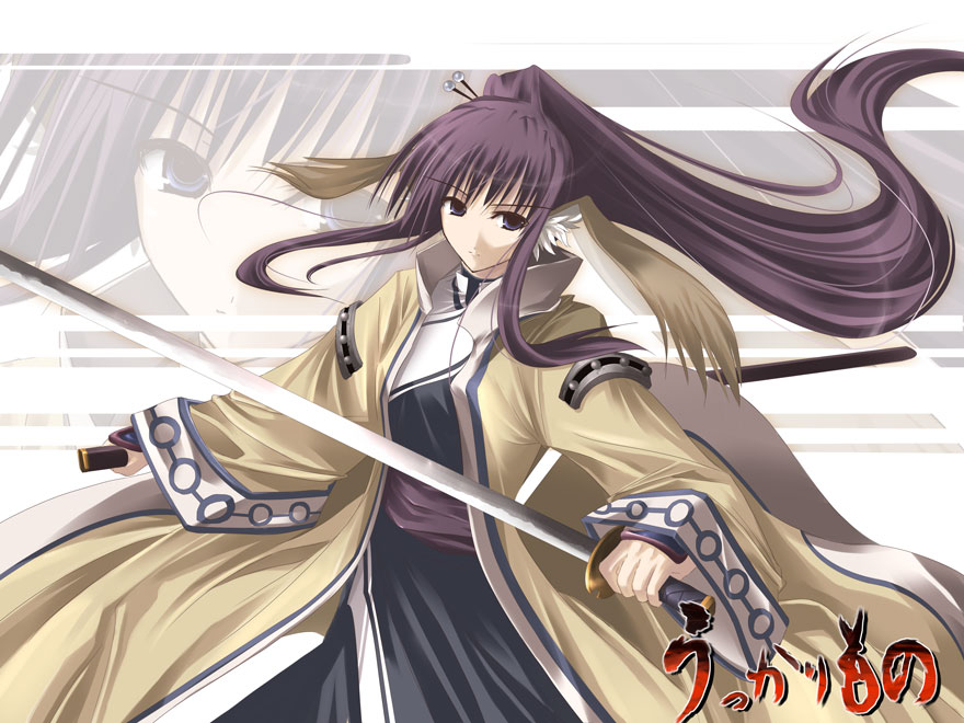 satomi (black scarecrow), touka (utawarerumono), utawarerumono, 00s, 1girl, animal ears, blue eyes, female focus, head wings, long hair, ponytail, purple hair, solo, sword, weapon, wings, zoom layer