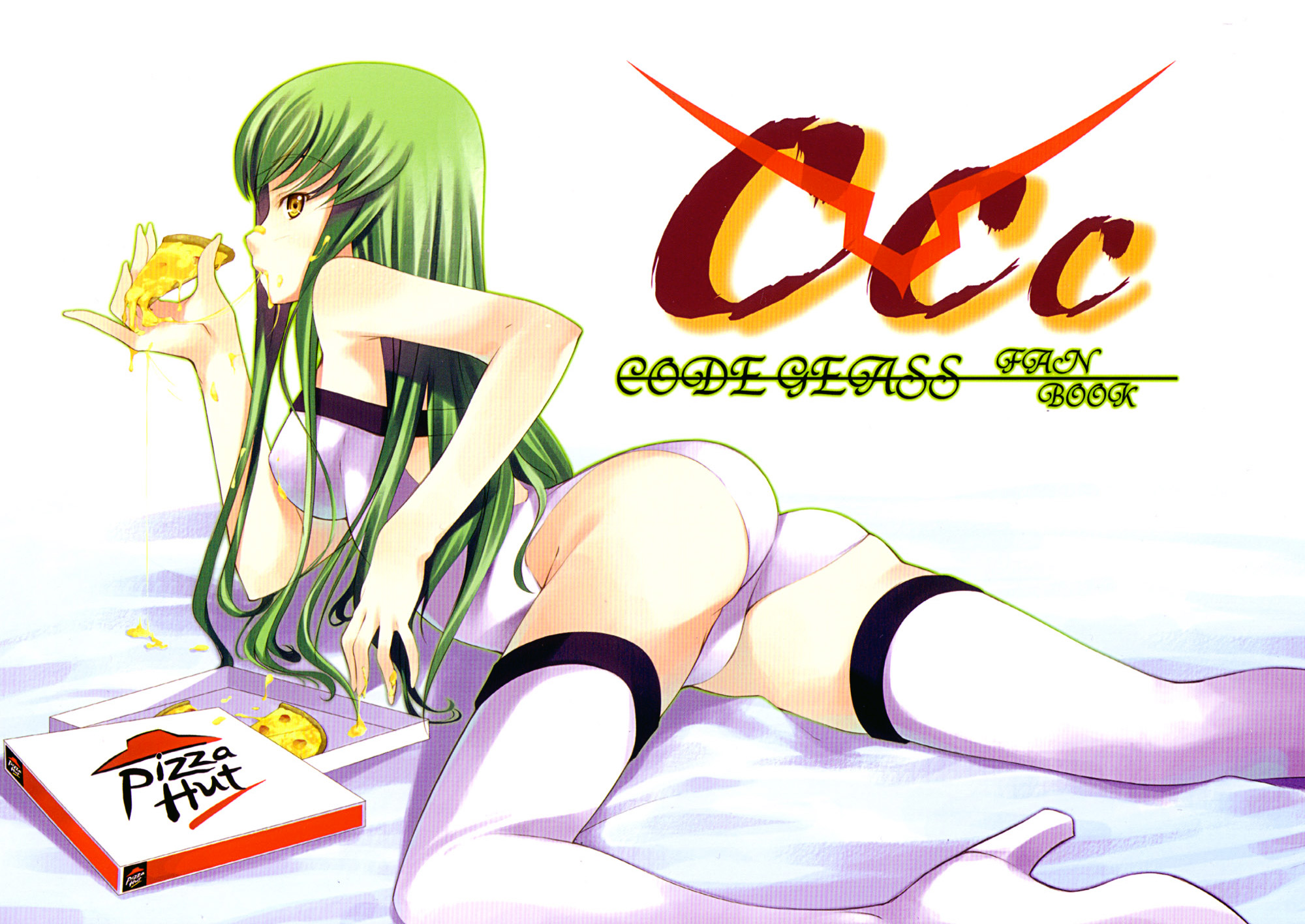 c.c., code geass, pizza hut, highres, 00s, 1girl, ass, bed, boots, breasts, cheese, eating, female focus, food, green hair, high heels, long hair, lying, on stomach, pizza, product placement, sexually suggestive, shoes, solo, thigh boots, thighhighs, white thighhighs, yellow eyes