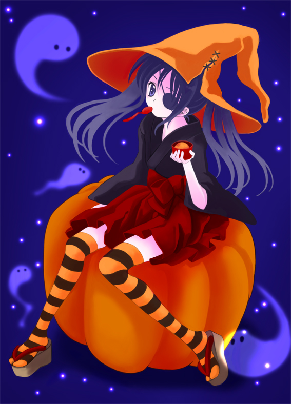 yagyuu kyuubei, gintama, 00s, 1girl, alternate costume, blue background, eyepatch, female focus, halloween, hat, pumpkin, sandals, sitting, solo, striped clothes, striped thighhighs, thighhighs, witch hat