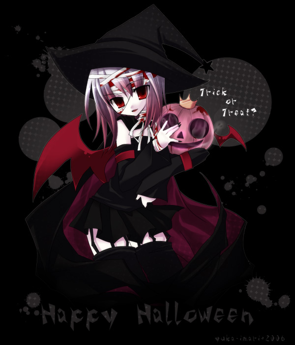 original, silver hair, 00s, 1girl, 2006, bandages, black background, black dress, black theme, black thighhighs, blood, cape, crown, dark, dress, female focus, gradient hair, halloween, happy halloween, jack-o'-lantern, multicolored hair, pumpkin, red eyes, red hair, short hair, skirt, smile, solo, thighhighs, trick or treat, wings, witch