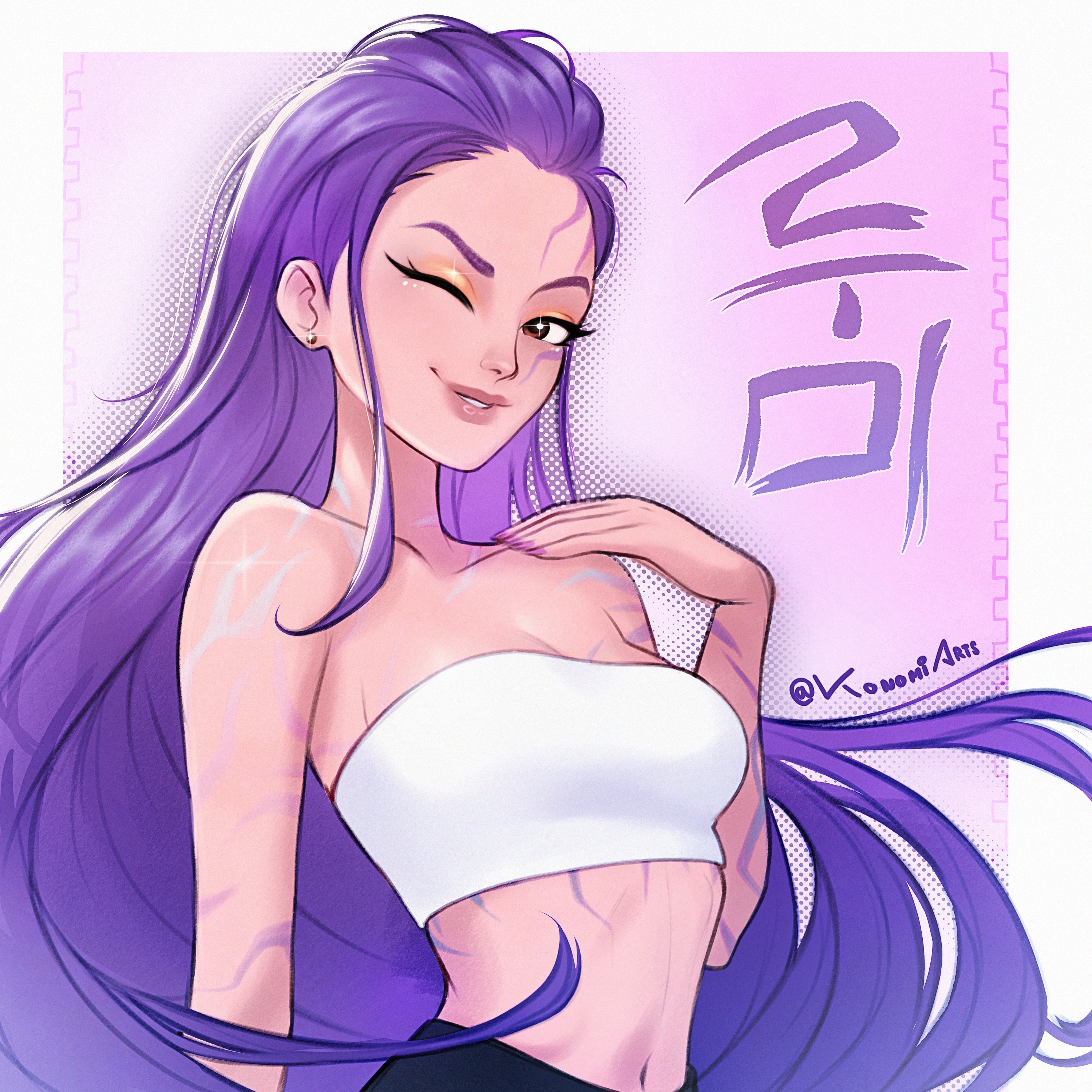 konomidraws, rumi (kpop demon hunters), kpop demon hunters, absurdres, commentary, hashtag-only commentary, highres, symbol-only commentary, 1girl, bandeau, body markings, brown eyes, eyeshadow, facial mark, hair slicked back, long hair, looking at viewer, makeup, navel, one eye closed, purple hair, purple nails, smile, solo, twitter username, upper body, white bandeau