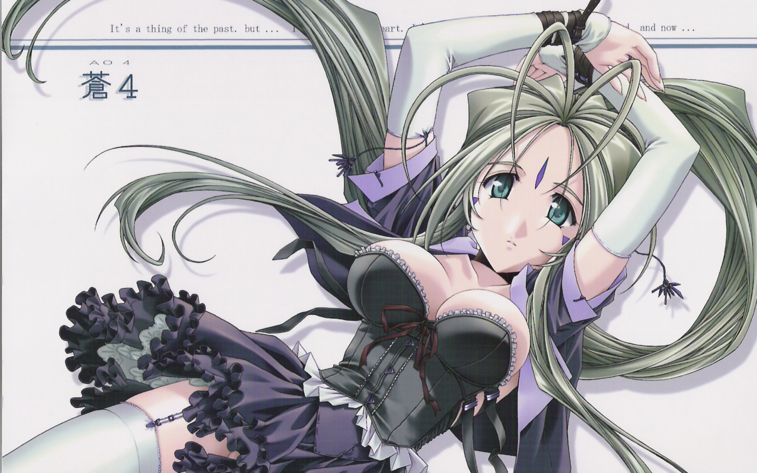 belldandy, aa megami-sama, highres, 1girl, breasts, cleavage, corset, elbow gloves, facial mark, female focus, forehead mark, gloves, green eyes, green hair, large breasts, long hair, maid, matching hair/eyes, solo, thighhighs